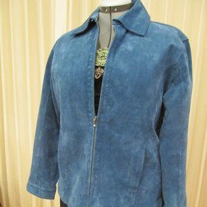 CHICOS real suede leather jacket. medium blue, zipper closing size two